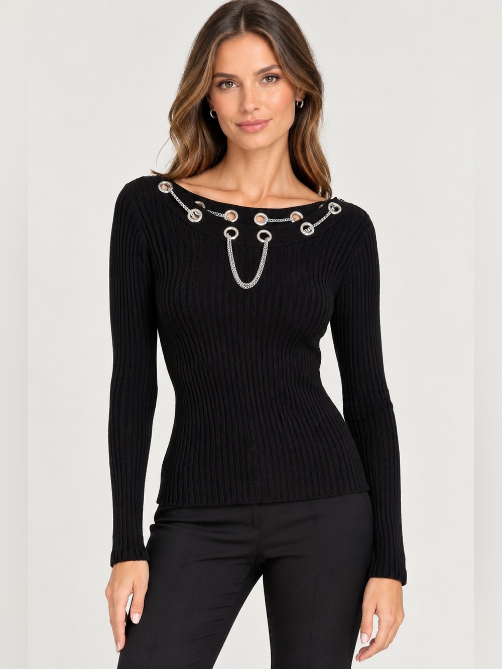 Black Ribbed Sweater with Silver Chain Detail size S